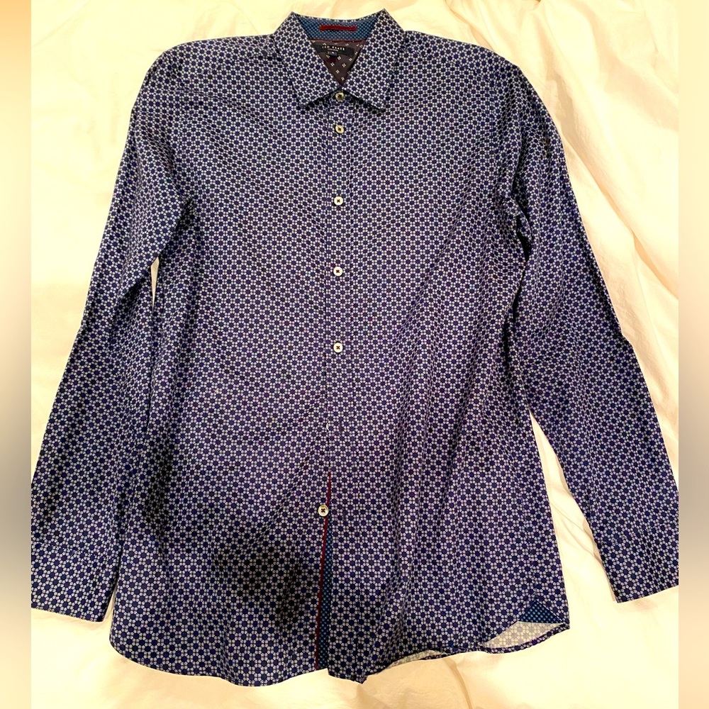 Ted Baker London, Slim fit blue dress shirt with pattern, Size 4
